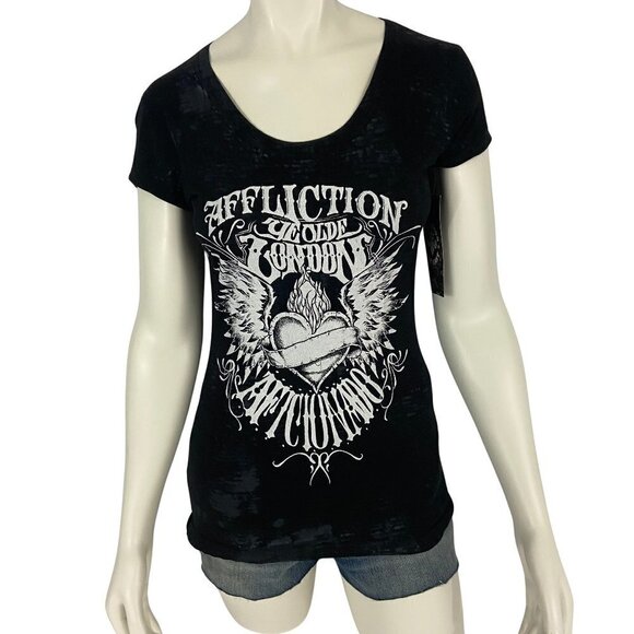 Affliction Tops - Affliction Women's T-Shirt Top Short Sleeve Ye Old London Winged Heart Black NWT